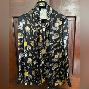 CHANEL Vintage Blouse Silk Black Tops SIZE 34